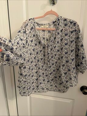 Denim &Supply White & Navy Floral Peasant Blouse L/XL